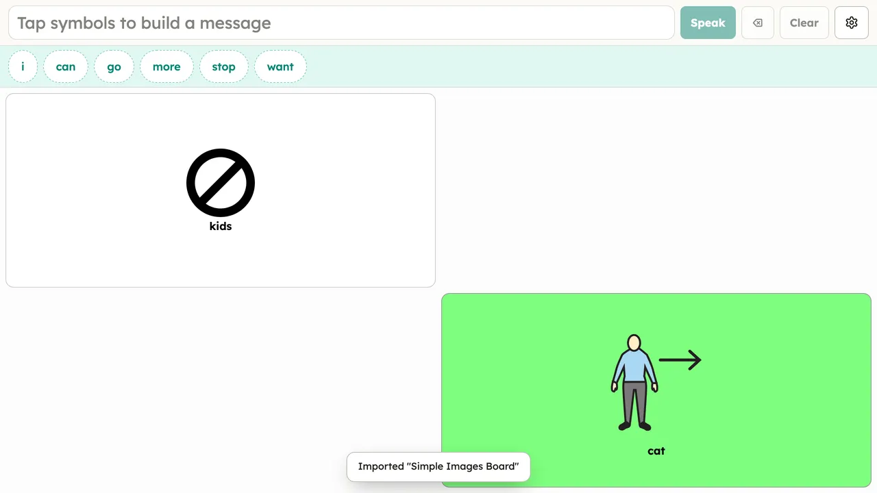 The communicate view after importing the simple.obf sample board (a small single board including a "kids" button) — what a fresh import looks like in place of the starter board. Desktop, light theme.