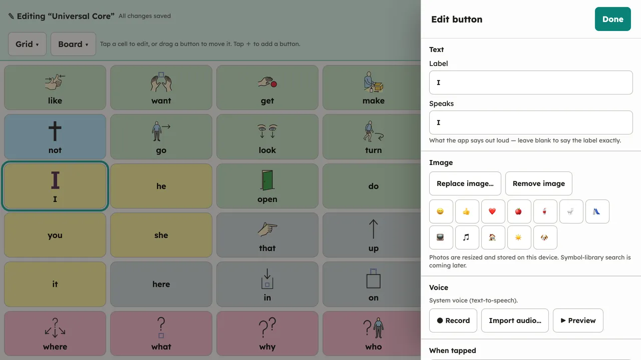 The Edit button dialog open over the board in edit mode for the "I" button, showing the Label field and the button's other properties. Desktop, light theme.