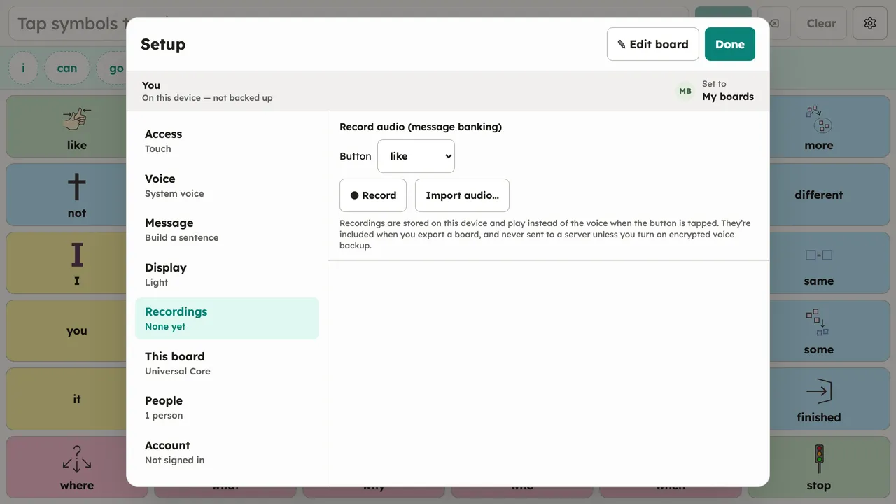 The Setup dialog with the Recordings section open on a fresh person: the "Record audio (message banking)" controls with no phrases banked yet. Desktop, light theme.